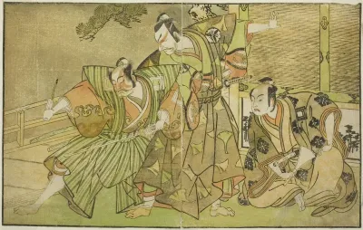 The Actors Ichikawa Komazo II as Minamoto no Yorimasa (right), Matsumoto Koshiro II as Osada no Taro Kagemune Disguised as Yatsurugi Zaemon (center), and Ichikawa Danzo III as I no Hayata Tadazumi (left), In the Play Nue no Mori Ichiyo no Mato, Perfo