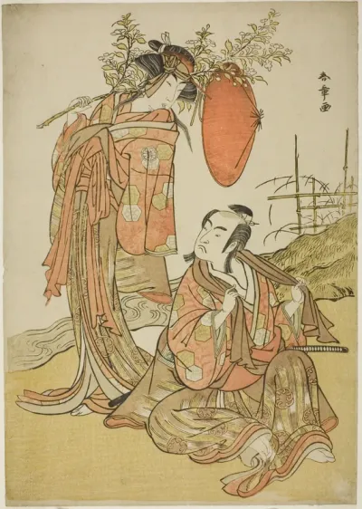 The Actors Ichikawa Monnosuke II and Segawa Kikunojo III as the Lovers Seijuro (right) and Onatsu (left), in the Elopement Scene "Michiyuki Hiyoku no Kiku-cho" (An Elopemet: Chrysanthemum-and-Butterfly Lovebirds), a Dance Interlude from Part Two of t