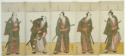 The Actors Ichikawa Monnosuke II as Karigane Bunshichi, Bando Mitsugoro I as An no Heibei, Ichikawa Danjuro V as Gokuin Sen'emon, Nakamura Sukegoro II as Kaminari Shokuro, and Sakata Hangoro II as Hotei Ichiemon (right to left), in "Gonin Otoko" (Fiv