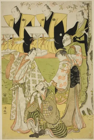 The Actors Ichikawa Monnosuke II as Munesada, Segawa Kikunojo III as the courtesan Sumizome, and Nakamura Nakazo I as Sekibei, in the play "Tsumoru Koi Yuki no Seki no To," performed at the Kiri Theater in the eleventh month, 1784