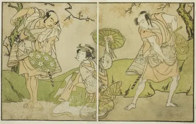 The Actors Ichikawa Somegoro (right), Segawa Kikunojo II (center), and Bando Sampachi (left), in Unidentified Roles in the Play Myoto-giku Izu no Kisewata, Performed at the Ichimura Theater in the Eleventh Month, 1770