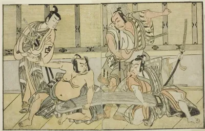 The Actors Ichikawa Yaozo II as Kujaku no Saburo, Matsumoto Koshiro II as Hata no Daizen Taketora, Nakajima Mihoemon II as Aramaki Mimishiro, and Nakamura Shocho I as Ki no Tsurayuki (right to left), in the Play Kuni no Hana Ono no Itsumoji, Performe