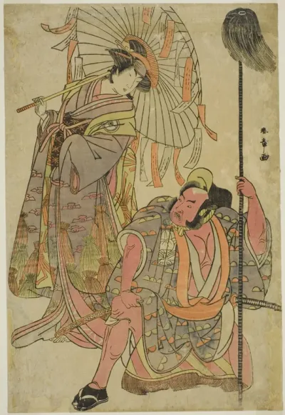 The Actors Ichimura Uzaemon IX as Hata no Daizen Taketora Disguised as the Yakko Matahei (right), and Iwai Hanshiro IV as Umegae Disguised as the Poem-Diviner Omatsu (left), in the Play Mukashi Otoko Yuki no Hinagata, Performed at the Ichimura Theate
