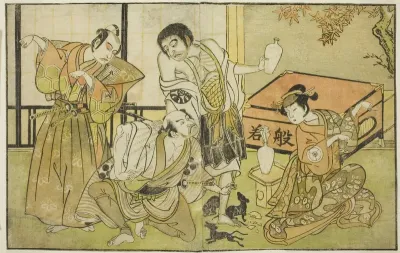 The Actors Iwai Hanshiro IV as Otatsu-gitsune, Nakamura Nakazo I as Raigo Ajari, Sakata Tojuro III as Kamada Gon-no-kami Masayori, and Ichikawa Yaozo II as Sakon-gitsune (right to left), in the play "Nue no Mori Ichiyo no Mato," performed at the Naka