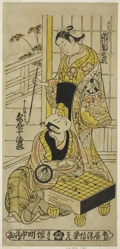 The Actors Kameya Jujiro I as Soga no Juro and Segawa Kikunojo I as Oiso no Tora in the play ”Hatsu Hikage Maizuru Soga," performed at the Nakamura Theater in the first month, 1737