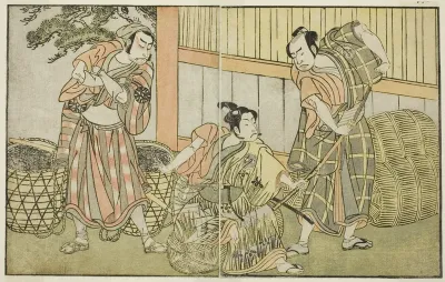 The Actors Kasaya Matakuro II as Hagun Taro (right), Ichikawa Monnosuke II as Izutsu no Suke Narihira (center), and Nakamura Nakazo I as Kose no Kanaoka Disguised as Sogoro the Charcoal Maker, in the Play Kuni no Hana Ono no Itsumoji, Performed at th