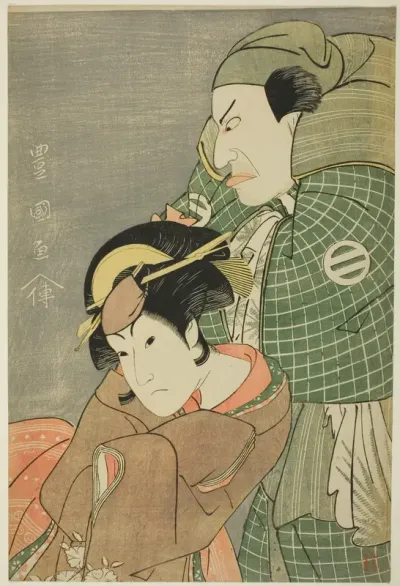 The actors Kataoka Nizaemon VII as Iyo no Taro and Iwai Hanshiro IV as Kojoro-gitsune of Okazaki in the play "Seiwa Nidai Oyose Genji," performed at the Miyako Theater in the eleventh month, 1796