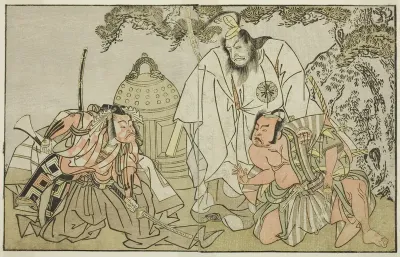 The Actors Nakajima Mihoemon II as Aramaki Mimishiro (right), Matsumoto Koshiro II as Otomo no Yamanushi (center), and Ichikawa Danzo III as Hannya no Goro (left), in the Play Kuni no Hana Ono no Itsumoji, Performed at the Nakamura Theater in the Ele
