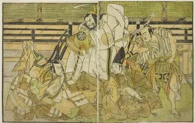 The Actors Nakamura Denkuro II as Seno-o Taro, Ichikawa Komazo II as Yorimasa, Nakamura Nakazo I as Taira no Kiyomori, and Ichikawa Danjuro V as Kiou Takiguchi (right to left), in the Play Nue no Mori Ichiyo no Mato, Performed at the Nakamura Theater