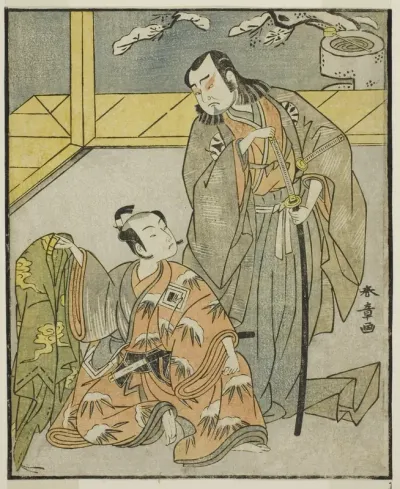 The Actors Nakamura Denkuro II as Suma no Dairyo (right), and Ichikawa Komazo II as Ariwara no Yukihira (left), in the Play Kuni no Hana Ono no Itsumoji, Performed at the Nakamura Theater in the Eleventh Month, 1771