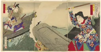 The actors Nakamura Fukusuke IV as Neiojo and Ichikawa Danjuro IX as Hachiro Tametomo