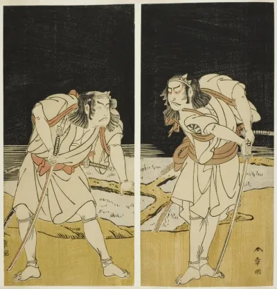 The Actors Nakamura Nakazo I as Omi no Kotoda (right), and Otani Hiroji III as Bamba no Chuda (left), in the Joruri "Sono Chidori Yowa no Kamisuki" (The Plovers: Combing Hair at Midnight), from Part Two of the Play O-atsurae-zome Soga no Hinagata (A 