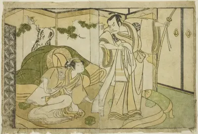 The Actors Nakamura Nakazo I as Taira no Kiyomori (right), and Yamashita Kinsaku II as Tokiwa Gozen (left), in the Play Nue no Mori Ichiyo no Mato, Performed at the Nakamura Theater in the Eleventh Month, 1770