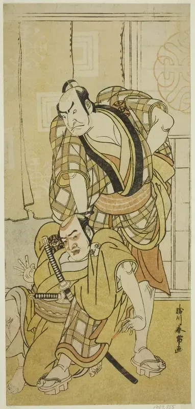 The Actors Nakamura Nakazo I as Tenjiku Tokubei (?) (right) and Bando Kumajuro as the Shopman Dempachi (?) (left), in the Play Keisei Katabira ga Tsuji (?), Performed at the Ichimura Theater (?) in the Eighth Month, 1783 (?)