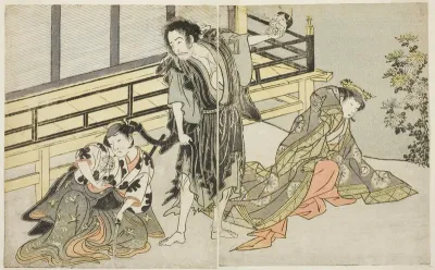 The Actors Nakamura Noshio I as Nyosan no Miya (right), Ichikawa Danjuro V as the Renegade Monk Yochin (center), and Yamashita Kinsaku II as the Maid Mutsuhana (left), in the Play Fuki Kaete Tsuki mo Yoshiwara, Performed at the Morita Theater in the 