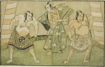 The Actors Nakamura Sukegoro II as Matano no Goro (right), Onoe Kikugoro I as Soga no Taro (center), and Otani Hiroji III as Kawazu no Saburo (left), in the Play Myoto-giku Izu no Kisewata, Performed at the Ichimura Theater in the Eleventh Month, 177