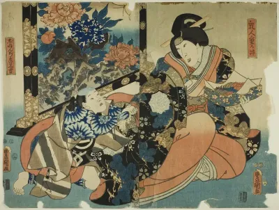The actors Nakamura Tomijuro II as the wet nurse Shigenoi and Ichimura Uzaemon XIII as Jinenjo no Sankichi in the play "Koi Nyobo Somewake Tazuna," performed at the Ichimura Theater in the fifth month, 1854