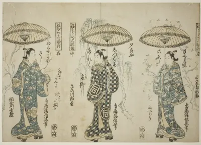The Actors Onoe Kikugoro I (right), Sanogawa Ichimatsu I (center), and Sanogowa Senzo (left), from the triptych "Negura sanpukutsui"