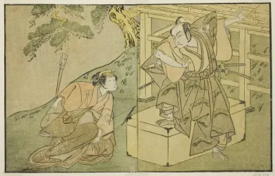 The Actors Onoe Matsusuke I as Akaboshi Taro (right), and Azuma Tozo II as Shirotae (left), in the Play Kono Hana Yotsugi no Hachi no Ki, Performed at the Ichimura Theater in the Eleventh Month, 1771