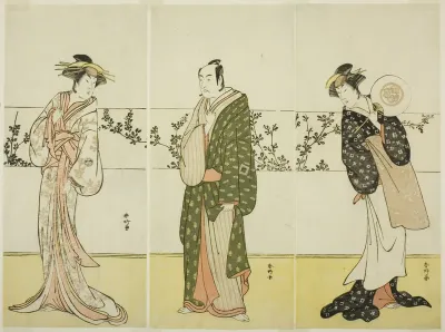 The Actors Osagawa Tsuneyo II (right), Ichikawa Monnosuke II (center), and Segawa Kikunojo III (left), Possibly as Misao Gozen, Matsuya Soshichi, and the Courtesan Kojoro of Hakata, in the Play Chiyo no Hajime Ondo no Seto (Beginnings of Eternity: Th