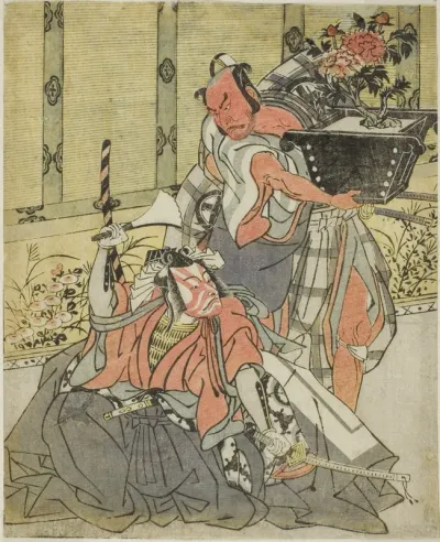 The Actors Otani Hiroemon III as Shinagawa Okaminosuke (right), and Ichikawa Danjuro V as Arashishi Otokonosuke (left), in the Play Fuki Kaete Tsuki mo Yoshiwara (Rethatched Roof: The Moon also Shines Over the Yoshiwara Pleasure District), Performed 