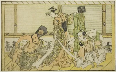 The Actors Otani Hiroji III as Kawazu no Saburo (right), Segawa Kikunojo II as Princess Tatsu (Tatsu Hime) (center), and Nakamura Sukegoro II as Matano no Goro (left), in the Play Myoto-giku Izu no Kisewata, Performed at the Ichimura Theater in the E