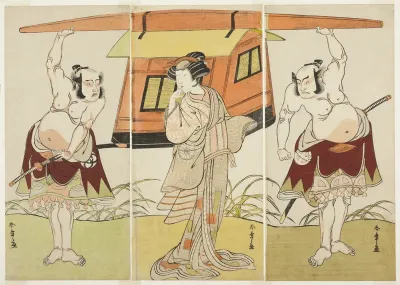 The Actors Otani Hiroji III as Yokambei (right), Nakamura Tomijuro I as Kuzunoha (center), and Bando Mitsugoro I as Yakambei (left), in the Last Scene from the Play Shinodazuma (The Wife from Shinoda Forest), Performed as a Supplement to the Play Kik