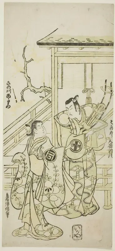 The Actors Otani Oniji I as Soga no Goro and Sanogawa Ichimatsu I as the sister of Yoshinaka in the play "Fuji no Yuki Mitsugi Soga," performed at the Nakamura Theater in the first month, 1746