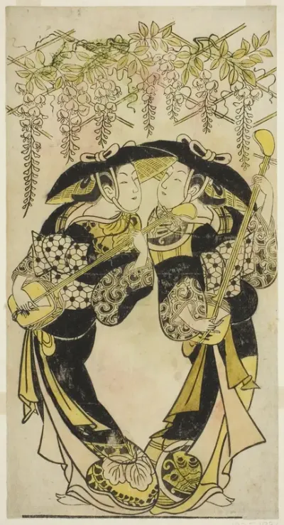 The Actors Sanjo Kantaro (right) and Fujimura Handayu (left) as musicians playing under wisteria