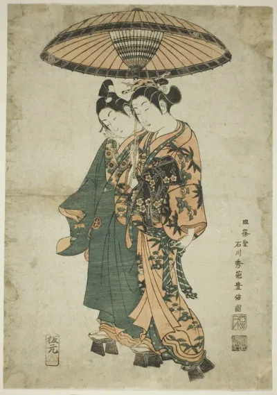 The Actors Sanogawa Ichimatsu I and Segawa Kikunojo I as lovers under an umbrella