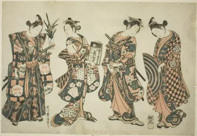 The Actors Sanogawa Ichimatsu (right), Nakamura Kiyosaburo (center right), Sanogawa Senzo (center left), and Nakamura Kumetaro (left)