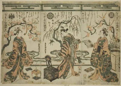The Actors Sanogawa Ichimatsu (right), Nakamura Tomijuro (center), and Nakamura Kumetaro (left), from A Comparison - Set of Three (Nazorae Sanpukutsui)