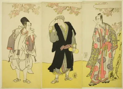 The Actors Sawamura Sojuro III as Kusunoki Tatewaki Masatsura (right), Onoe Matsusuke I as the Monk Sahei Bozu (center) and Ichikawa Yaozo III as the Prince's Servant Kusunoki Uraminosuke (left), in the Play Kumoi no Hana Yoshino no Wakamusha, Perfor