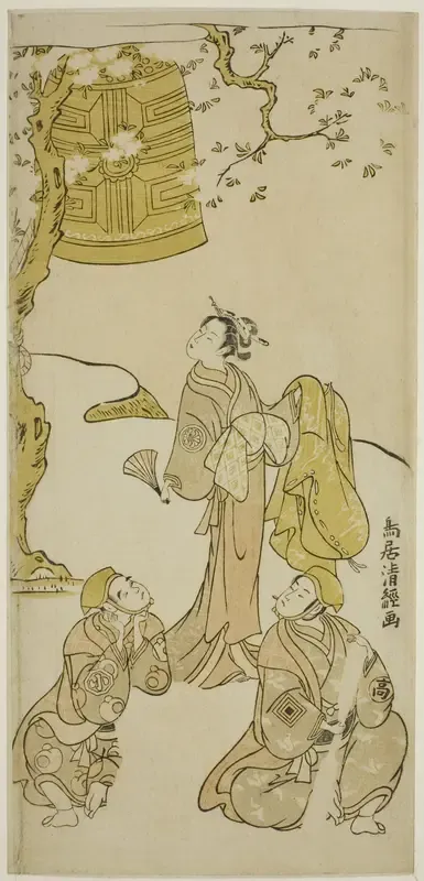 The Actors Segawa Kikunojo II, Ichikawa Komazo II, and Arashi Otohachi I in the play "Fude Hajime Soga no Tamazusa," performed at the Nakamura Theater in the first month, 1768