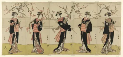 The Actors Segawa Kikunojo III as Karigane Obun, Nakayama Tomisaburo I as An no Oyasu, Iwai Kiyotaro II as Kaminari no Osha, Nakayama Tatezo I as Gokuin no Osen, and Ichikawa Monnosuke II as Hotei no Oichi (right to left), in "Gonin Onna," Scene One 