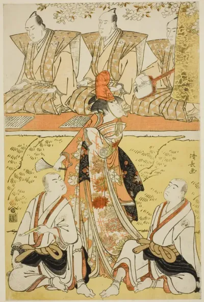 The Actors Segawa Kikunojo III as Koito, Sawamura Sojuro III as the monk Sainenbo, and Ichikawa Monnosuke II as the monk Renseibo, in the shosa "Mata Saku Hana Museume Dojoji," performed at the Nakamura Theater in the fourth month, 1783