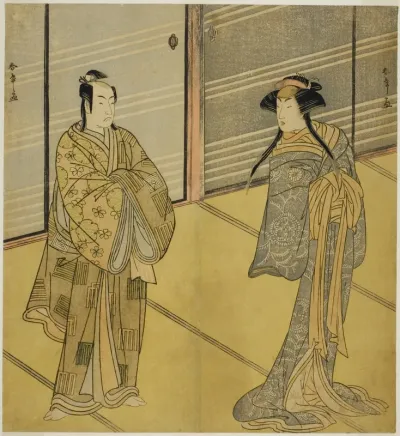The Actors Segawa Kikunojo III as the Spirit of Joro-gumo (Harlot Spider) Disguised as the Maiko Tsumagiku (right), and Ichikawa Monnosuke II as Urabe no Suetake (left), in the Play Shitenno Tonoi no Kisewata, Performed at the Nakamura Theater in the