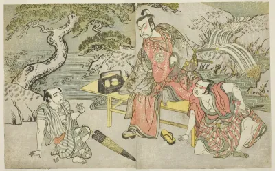 The Actors Tomizawa Hanzaburo II as Nagoya Sanzaemon (often called Sanza) (right), Nakamura Juzo II as Fuwa Banzaemon (center), and an Unidentified Actor as the Pickpocket Matsumoto Daishichi (left), in the Play Fuki Kaete Tsuki mo Yoshiwara, Perform