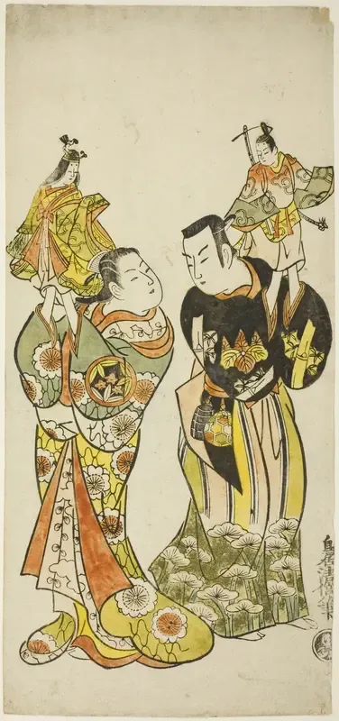 The Actors Yamashita Kinsaku I and Hayakawa Hatsuse as puppeteers in the play "Diary Kept on a Journey by Sea to Izu" ("Funadama Izu Nikki"), performed at the Nakamura Theater in the first month, 1725