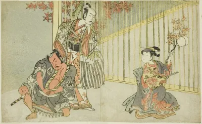 The Actors Yamashita Kinsaku II as Mutsuhana (right), Bando Mitsugoro I as Kashiwagi no Emon (center), and Nakamura Sukegoro II as Akamatsu Mushanosuke (left), in the Play Fuki Kaete Tsuki mo Yoshiwara (Rethatched Roof: The Moon also Shines Over the 