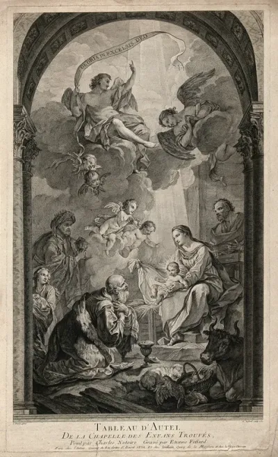 The adoration of the magi: a king kneels before the infant Jesus, seated on Mary's lap