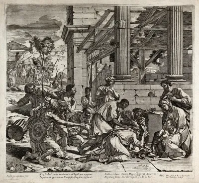The adoration of the magi next to a ruined temple