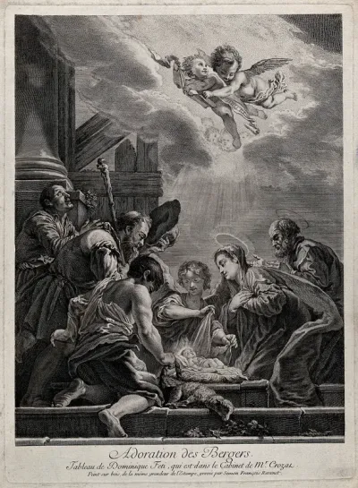 The adoration of the shepherds at the birth of Christ; a bound lamb is placed before the cradle