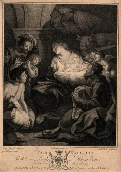 The adoration of the shepherds at the birth of Christ; a shepherd-boy plays a flute