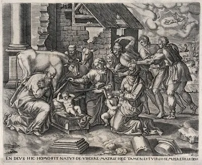 The adoration of the shepherds at the birth of Christ in the presence of John the Baptist and Saint Elizabeth