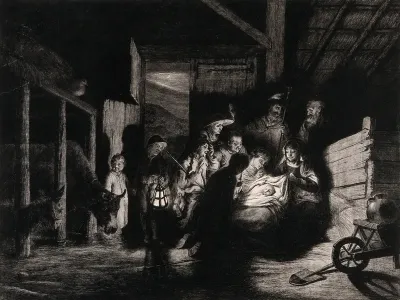 The adoration of the shepherds in a darkened barn