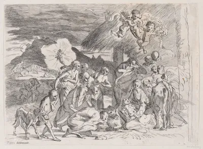 The adoration of the shepherds who gather at left, angels holding a banderole upper right