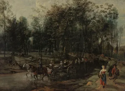 The Afternoon or Landscape with farm carts in a stream
