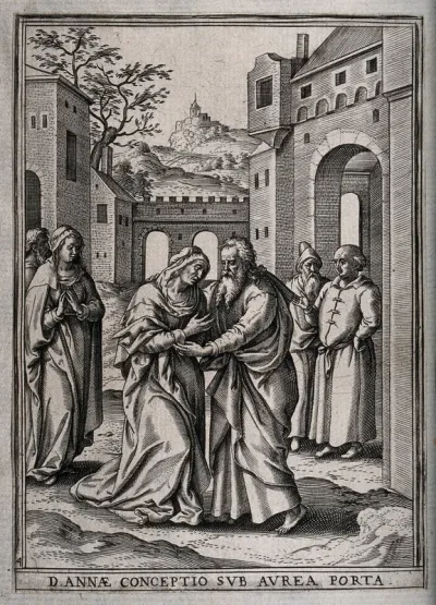 The aged Anne, mother of the Virgin Mary, meets Joachim by the Golden Gate at Jerusalem