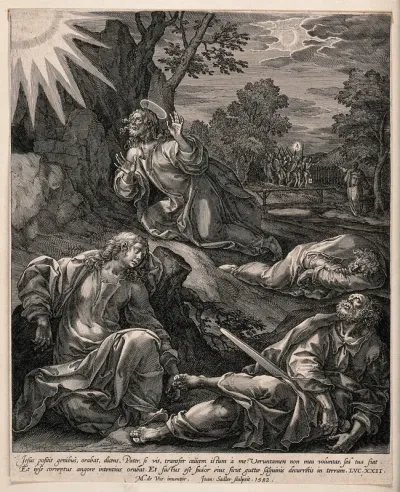 The agony in the garden; the apostles slumber while the soldiers and priests approach